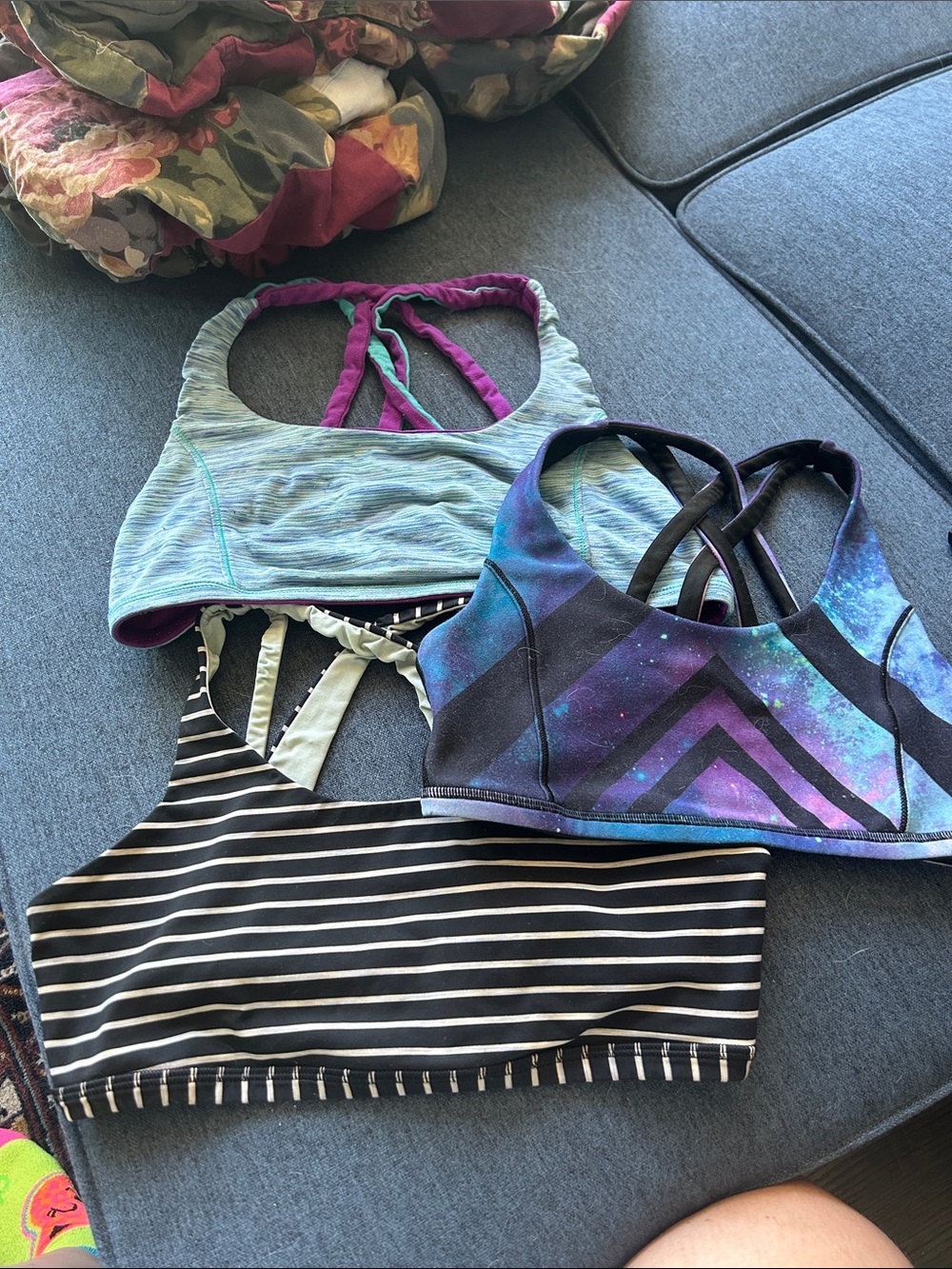 3 Ivivva Girls Athletic Sports Bras Set - Black Stripe, Teal, Galaxy Purple
